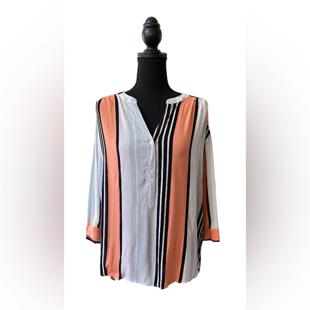 Nine West Jeans: Orange and Black Button Up Tunic Blouse